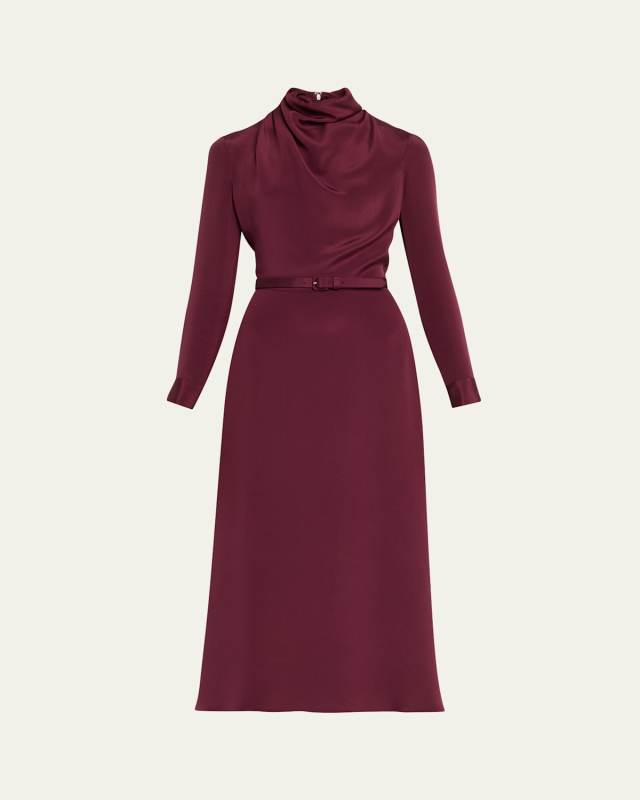 Amandine Draped Long-Sleeve Belted Midi Dress